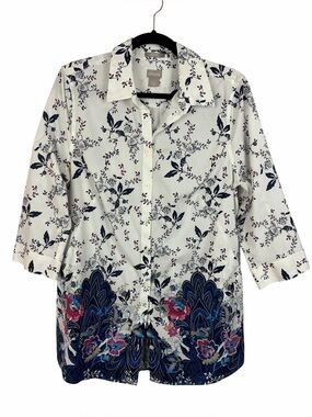Chico’s No Iron Stain Shield Floral Blouse Button Front Pockets Stretch Cotton